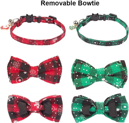 Christmas Cat Collar Breakaway with Cute Bow Tie Bell - 2 Pack Kitten Collar Red Green Plaid Xmas Kitten Collar with Removable Bowtie Cat Bow Collar for Cats Kittens (7.5"- 10.5", Red&Green)