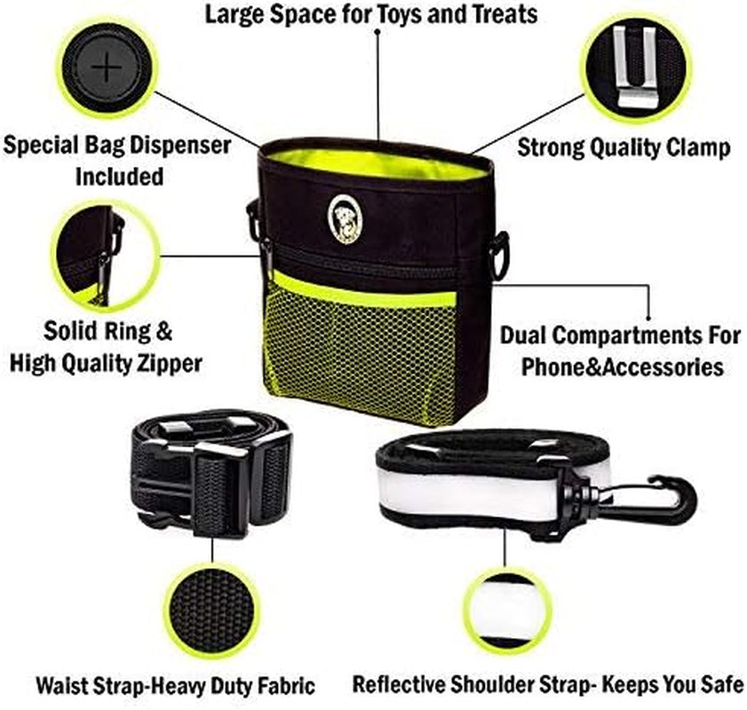 Dog Treat Bag, Training Pouch for Small and Large Dogs with Clicker and Collapsible Food Bowl BPA Free – Pet Treats Tote Bag with Waist and Shoulder Reflective Straps and Belt Clip