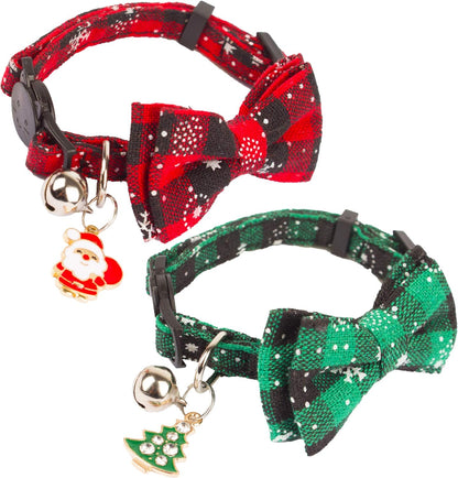 Christmas Cat Collar Breakaway with Cute Bow Tie Bell - 2 Pack Kitten Collar Red Green Plaid Xmas Kitten Collar with Removable Bowtie Cat Bow Collar for Cats Kittens (7.5"- 10.5", Red&Green)